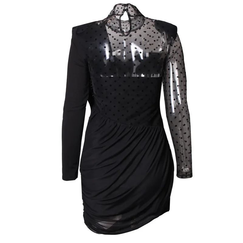 

New fashion brand style stand up collar sexy Polka Dot mesh splicing slim package hip fold dress