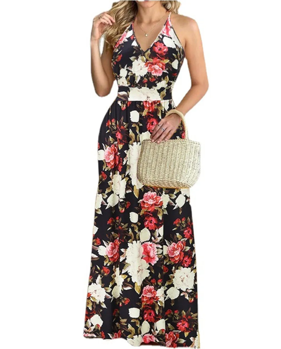 

Women New Arrival 2021 Fashion Floral Print Maxi Dress Casual V-Neck Sleeveless Sling Loose Splice Backless Bohemian Dresses