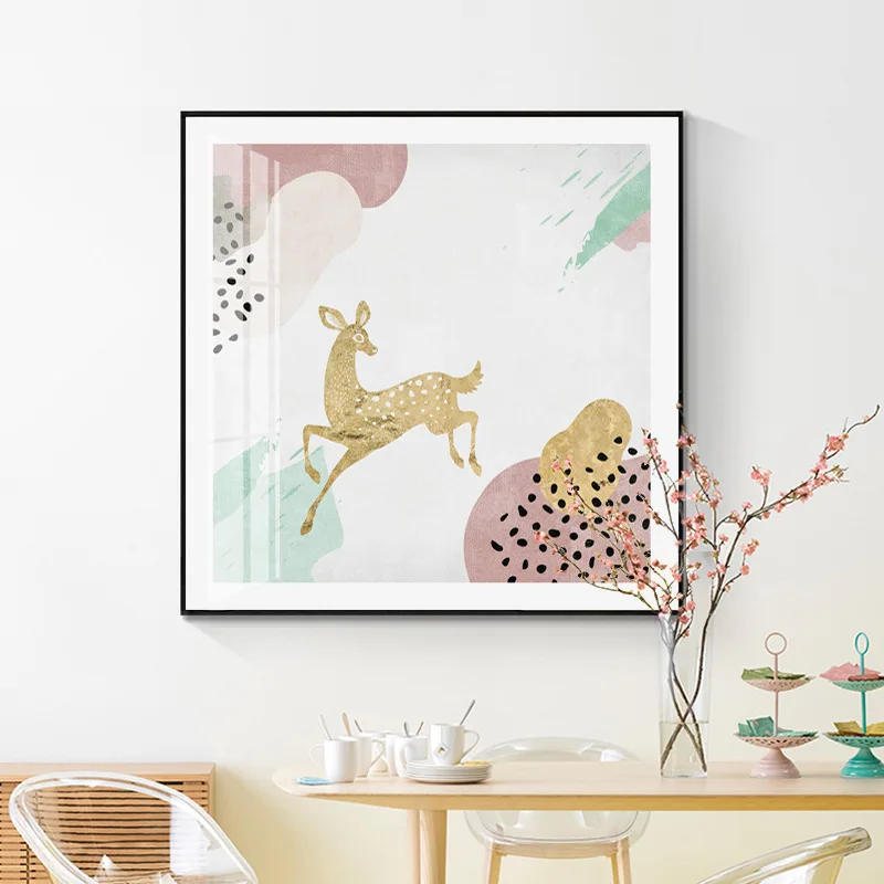 

Nordic Style gold happy Deer Pink landscape Poster Life Quote Canvas Print Minimalist Wall Art Painting Picture Modern Home Deco