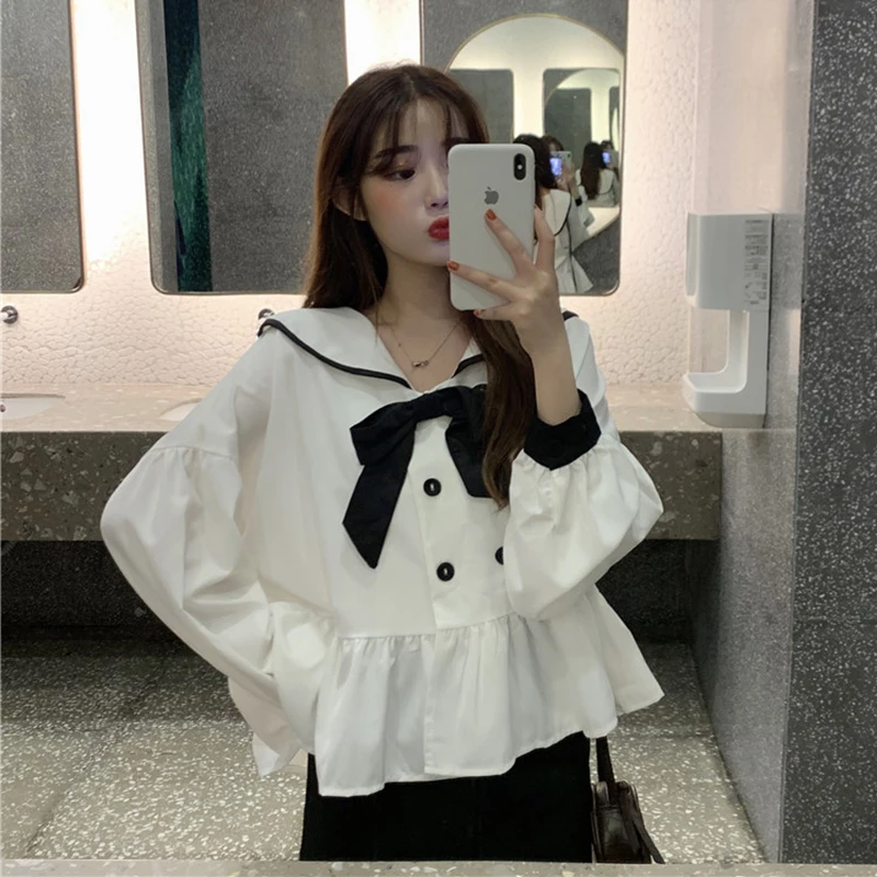 

Long sleeve bow Shirt Women peter pan collar Fashion Female Blouses Long Sleeve preppy style Lady Tops Blusa Feminina