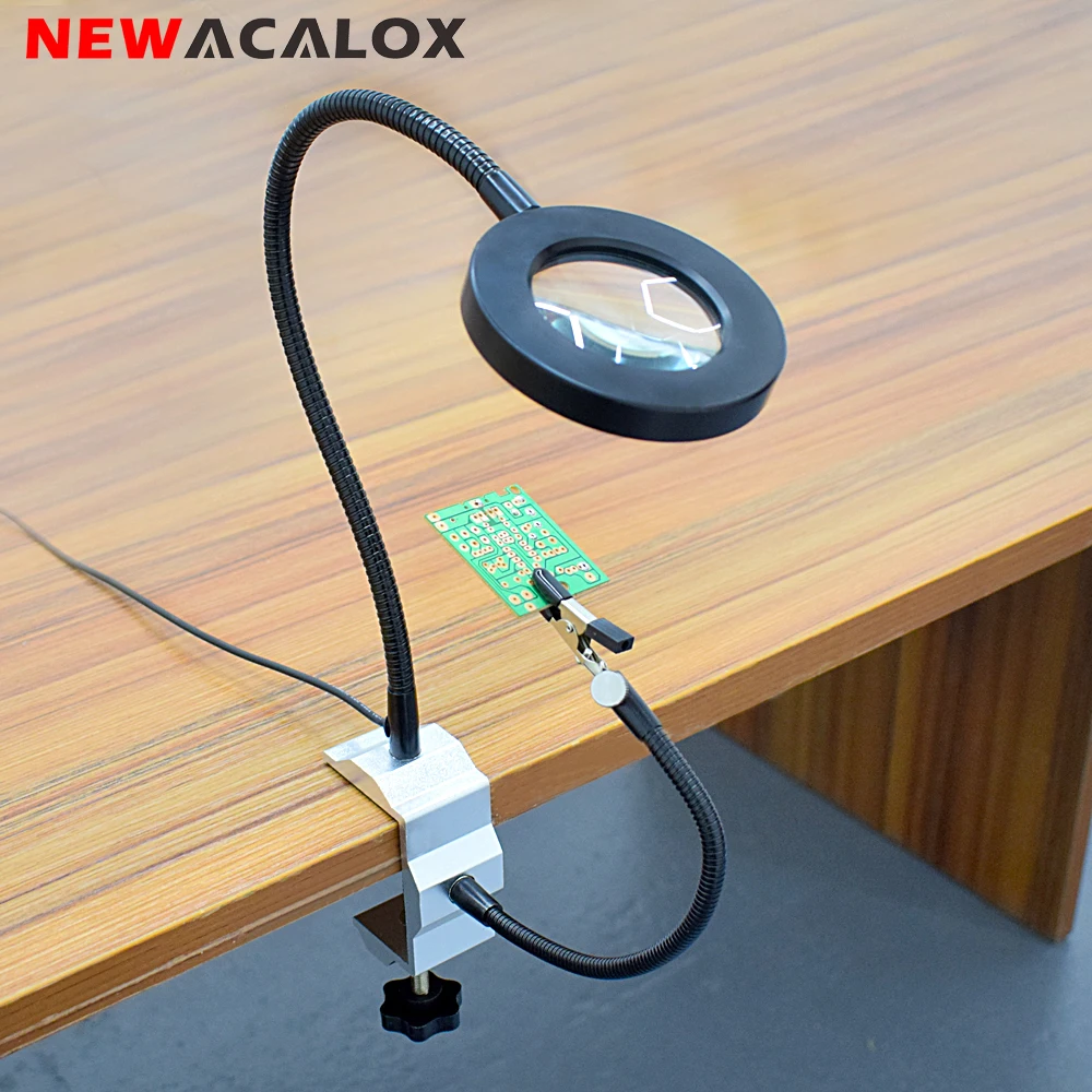 NEWACALOX держатель паяльника USB 3X увеличительное стекло с подсветкой тиски, стол Зажимная Лупа паяльная станция Сварка
