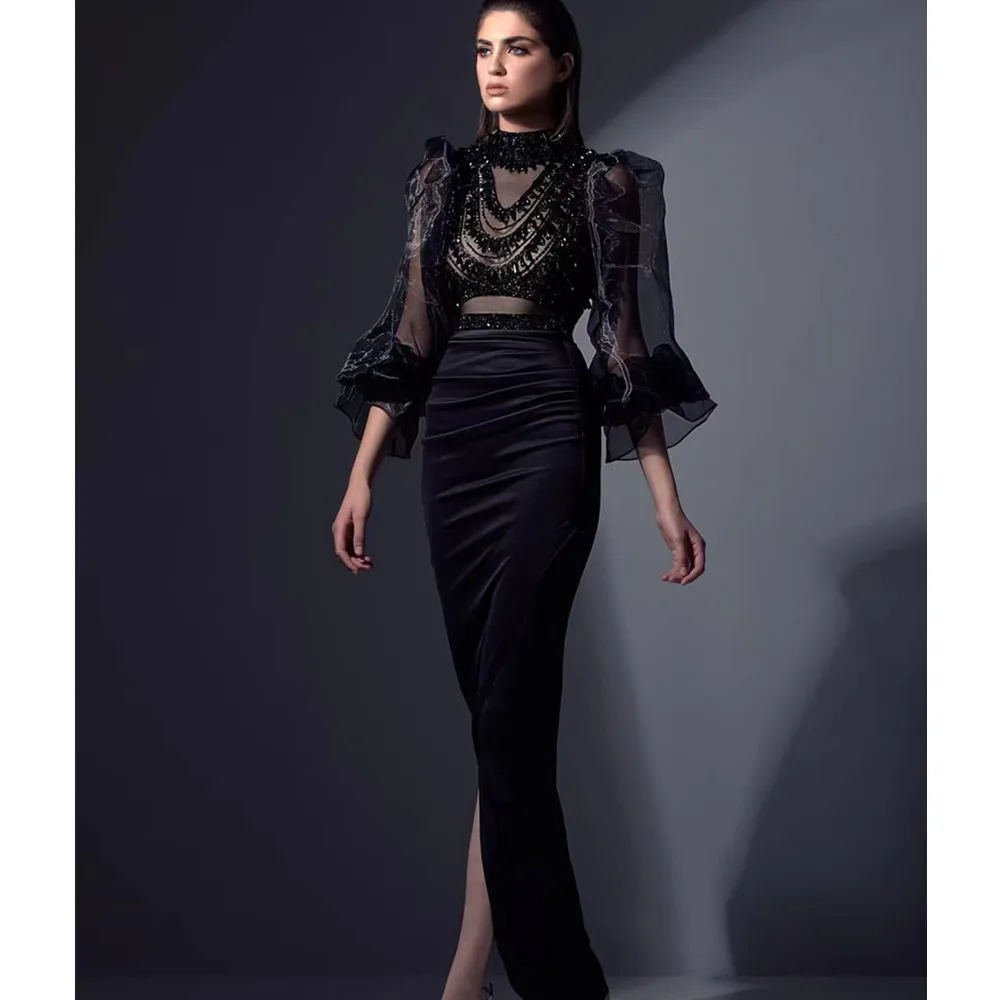 

Women Luxury Black Turtleneck Beading Chain Lantern Sleeve Maxi Dress Female Birthday Evening Party Cocktail Celebrity Dresses