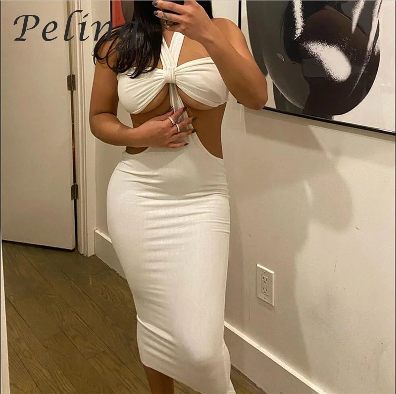 

Peling 2021 Summer New Women Dress Fashion Hollow Out Sexy Backless Slim Dresses Halter Bodycon Midi Dress Female Vestidos Robe