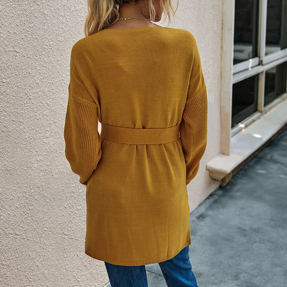 Casual Women Autumn Solid Color Open Front Sweater Cardigan Pockets Belt Coat |