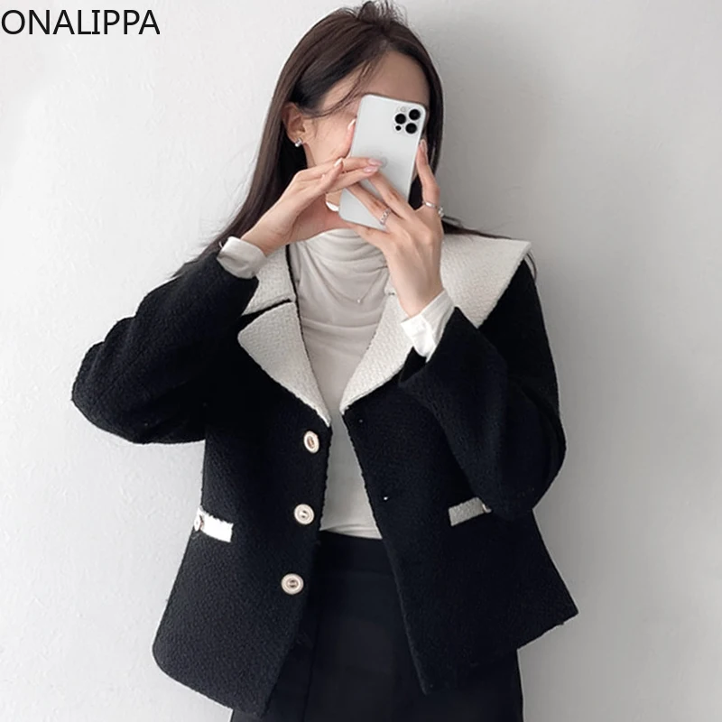 

Onalippa 2021 ранняя зима Женская куртка с воротником в стиле французского Ретро темно-синего цвета шикарная однобортная свободная твидовая коро...