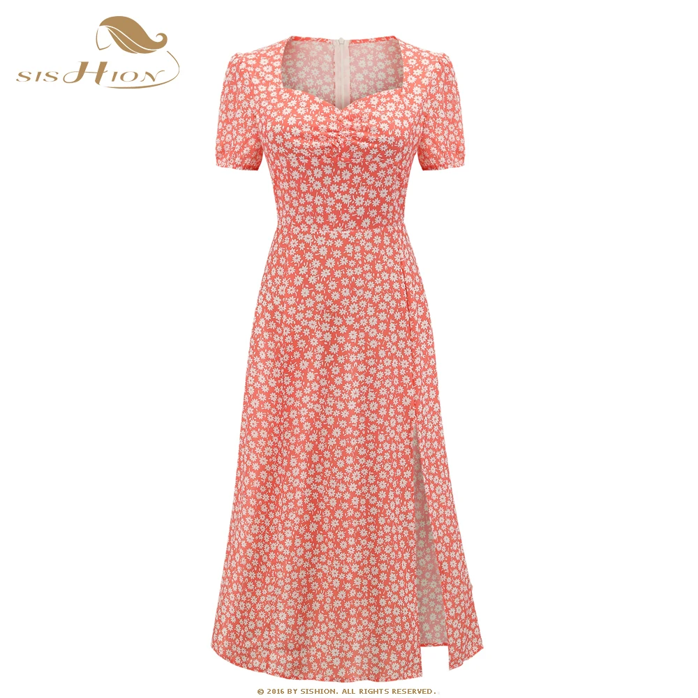 

Женское платье с цветочным принтом SISHION, Длинное Зеленое/розовое платье с коротким рукавом, квадратным вырезом и разрезом, VD2097