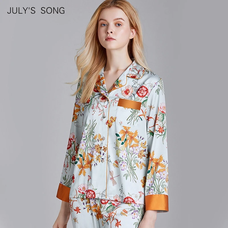 Пижамный комплект JULY'S SONG женский из искусственного шелка, атласный комплект из 2 предметов, одежда для сна с длинным рукавом и цветочным при... от AliExpress WW