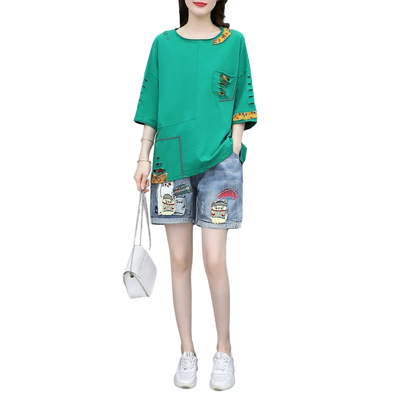 

Single/Set Women's Summer Suit Stitching Round Neck Hole T-shirt Elastic Waist Shorts Sets Loose Fashion Casual Two-piece Female