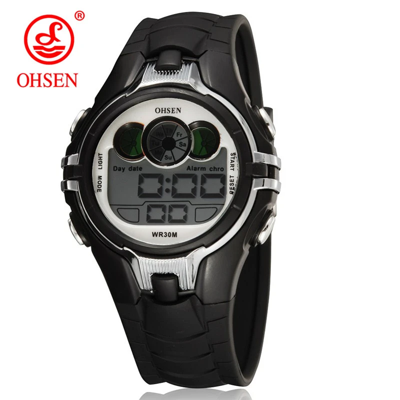 OHSEN Boys Kids Дети Кварцевые спортивные часы Будильник Дата хронографа Светодиодные задние фонари Водонепроницаемые наручные часы Студенческие часы - Цвет: black