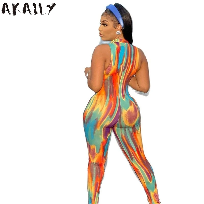 

Akaily Streetwear Tie Dye Print Rompers Womens Jumpsuit Summer Bodycon Patchwork Sleeveless Zipper Elastic Female Jumpsuit 2021