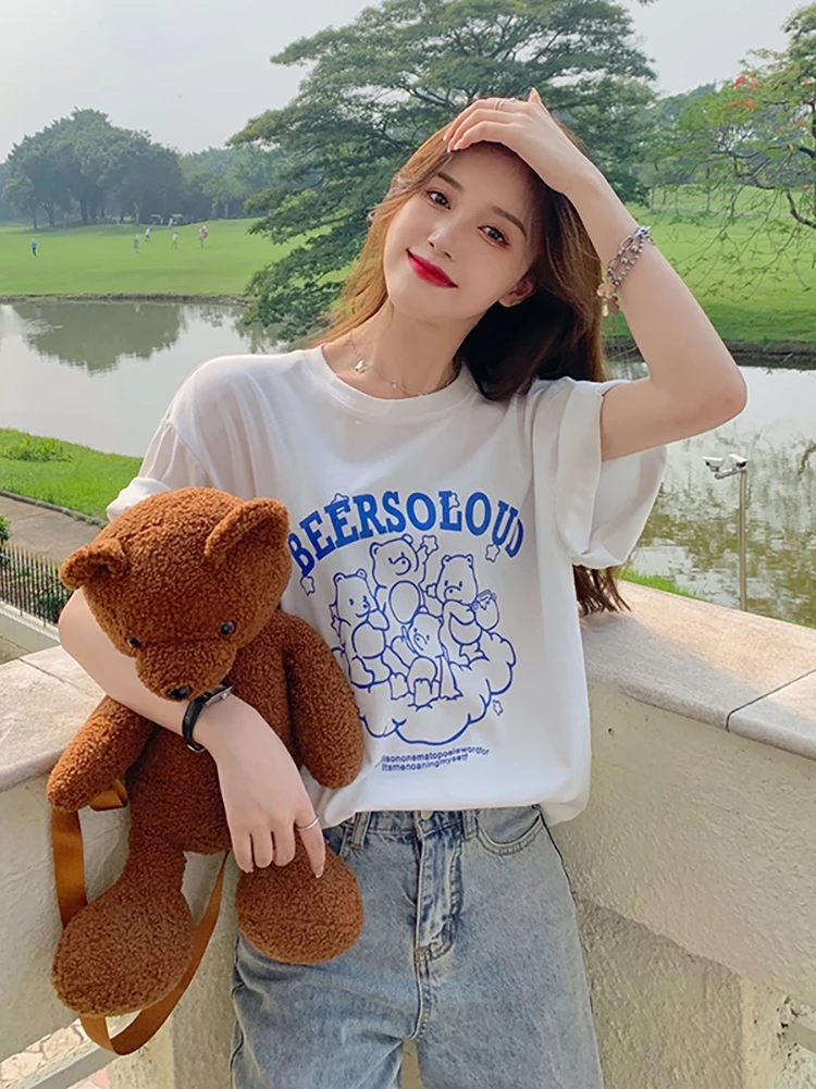 Повседневная Свободная футболка с коротким рукавом 4 размера надписью для