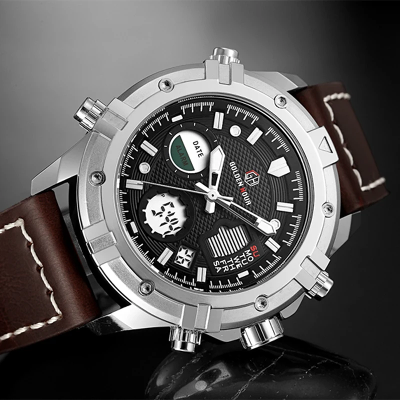 Часы мужские Кварцевые водонепроницаемые с кожаным ремешком и двойным