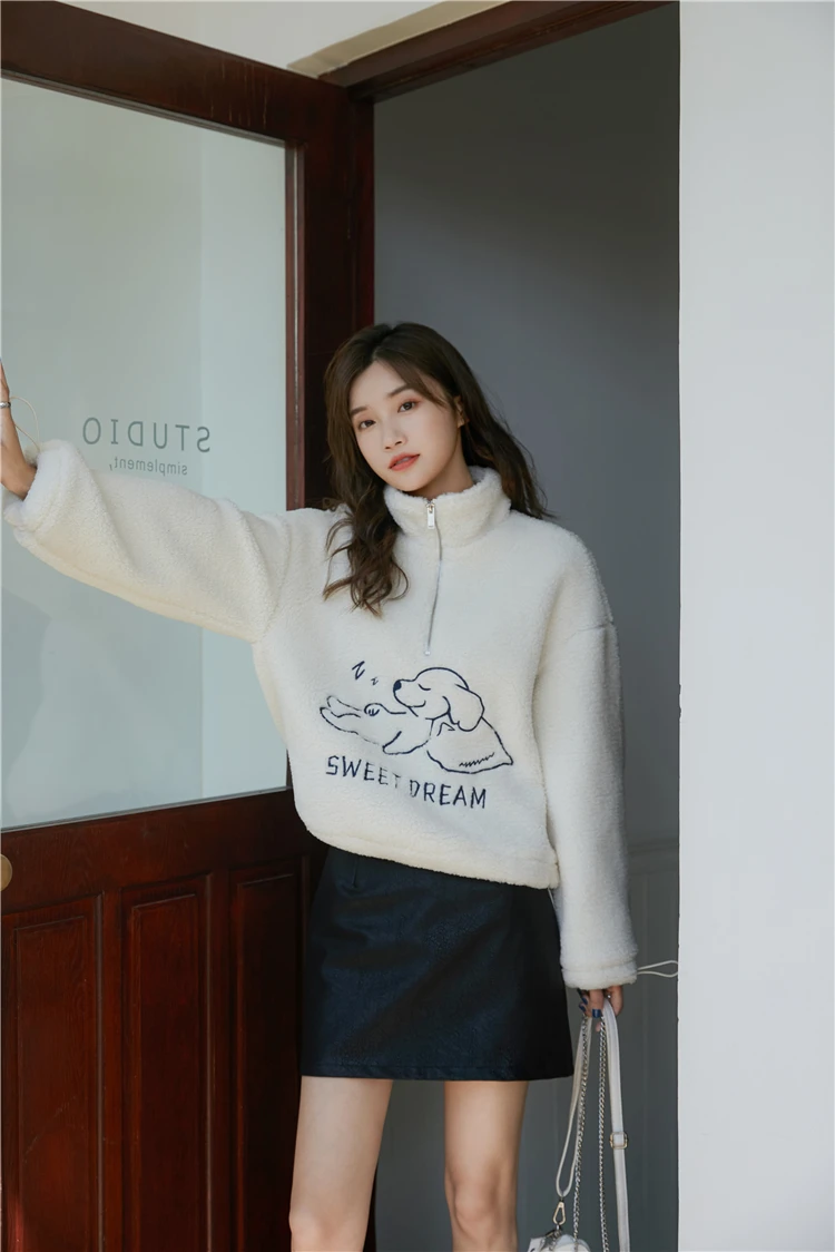 

CHEERART Cartoon Fur Hoodie Women Sweatshirt White Stand Collar Furry Fleece Sweatshirt Winter Casual Korean Fashion Clothing