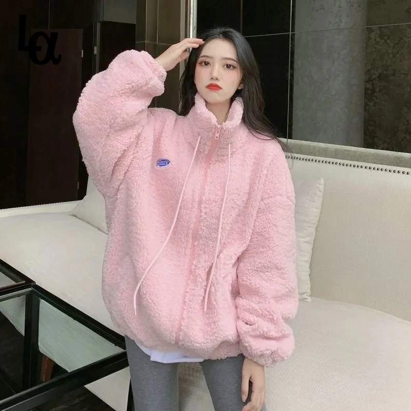 

Luck A 2020 Winter Women Thick Warm Faux Lamb Fur Coat Ladys Zipper Pink Oversize Jackets Female Casual Loose Streetwear