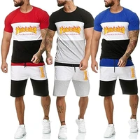 suits with shorts t shirt pant patchwork 2 pieces pant set man summer outfit sports fitness beach boy clothing male tracksuit
