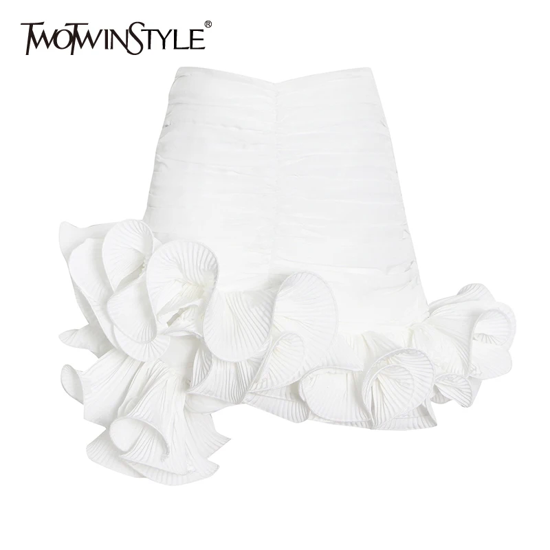 TWOTWINSTYLE White Asymmetrical Hem Skirts For Female High Waist Solid Frill Mock Mini Skirt Women's 2022 Summer Fashion Clothes