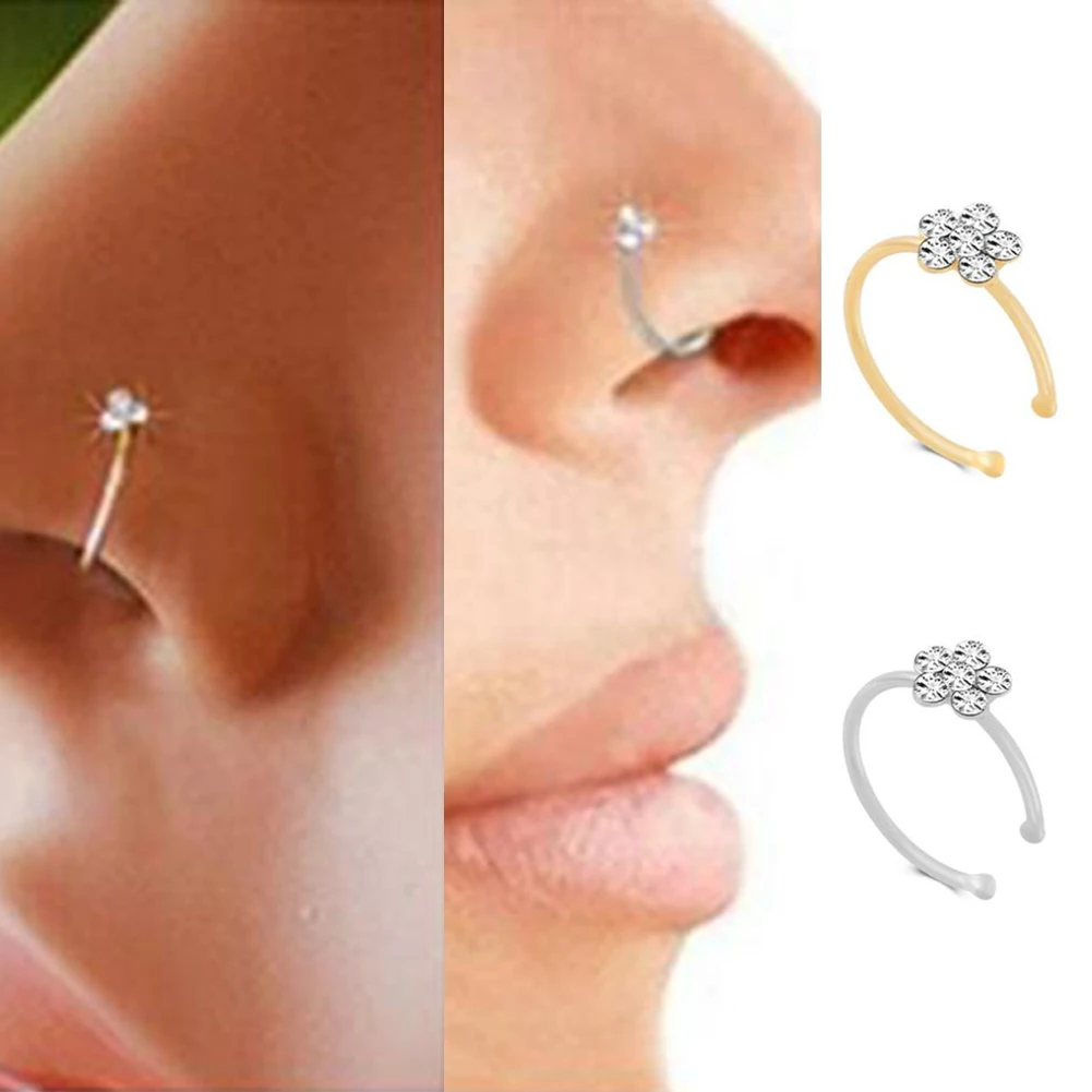 1 Pcs Small Thin Rhinestone Crystals Flower Fake Septum Piercing Nose Rings & Studs Faux Clip Nose Hoop Body Jewelry
