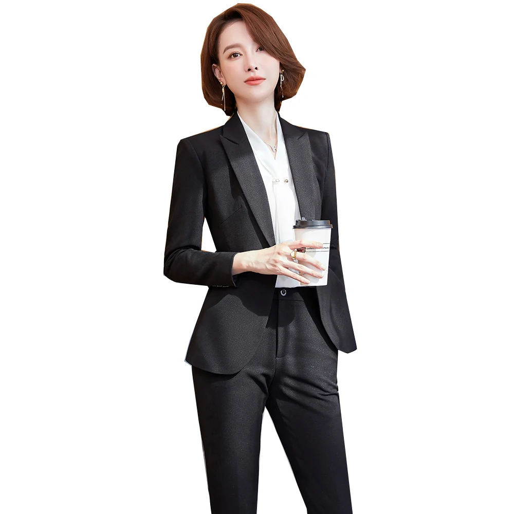 

Classic Office Ladies Women Business Formal Pant Suit for Work Blue Black 2 Piece Set Single Button Blazer Jacket and Trousers