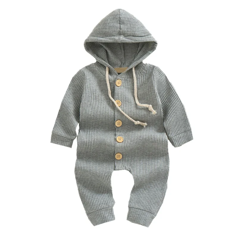 

Newborn Knitted Cotton Romper Jumpsuit 2019 Baby Solid Hooded Clothing Spring Autumn Baby Girl Boy Ribbed Clothes