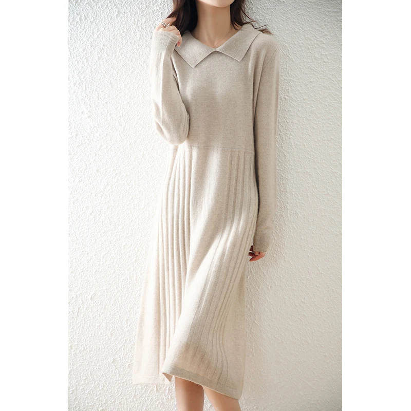 Autumn And Winter New Ladies Lapel Cashmere Knit Mid-Length Style High-End Dress Pure Wool Chic Base Sweater Skirt Loose Fashion