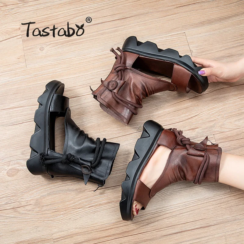 Летние женские ботинки повседневные ботильоны сандалии из натуральной кожи с