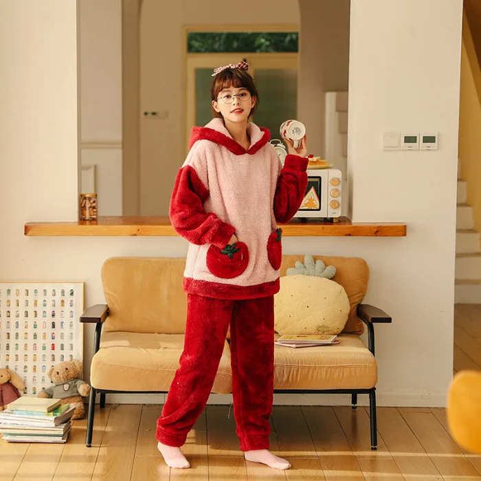 

Winter New 2PCS Pajamas Suit Young Lady Cute Coral Velvet Sleepwear Plush Full Sleeve Hooded Top&Pant Home Wear Casual Nightwear