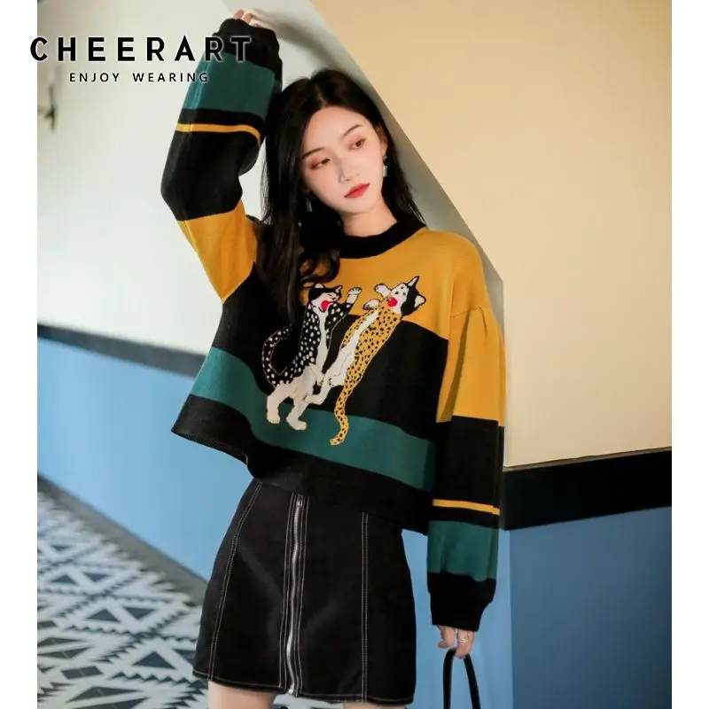 Пуловер CHEERART свитер женский полосатый Свободный вязаный с мультяшным принтом