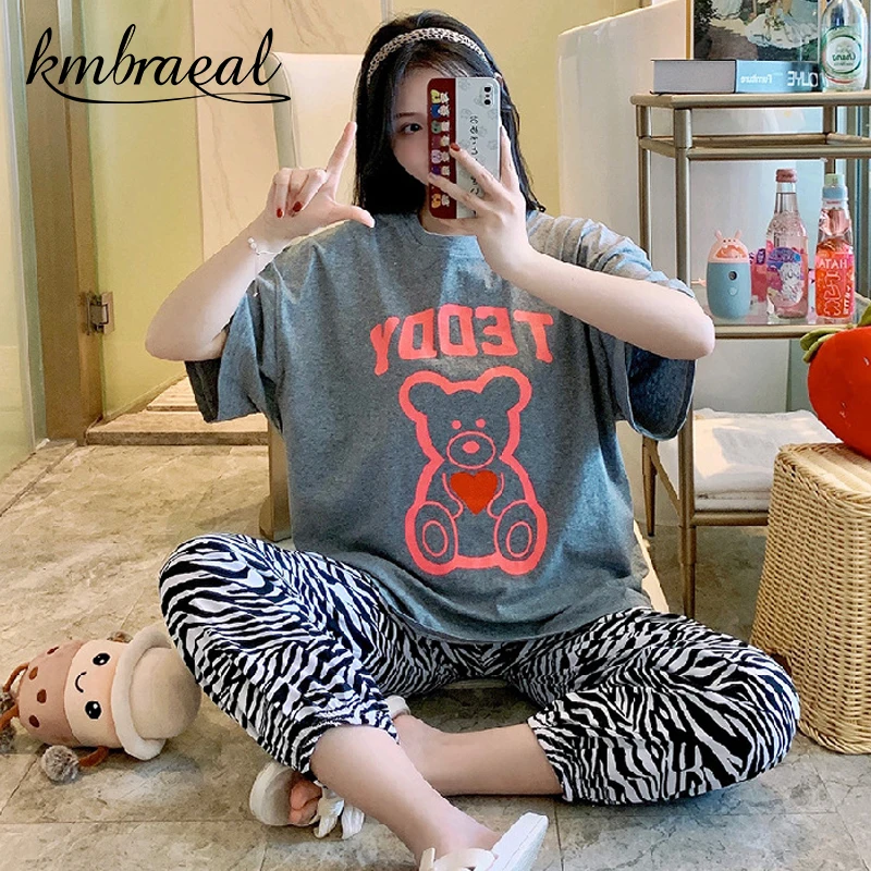 

Pajamas for Women Summer Ladies Short-Sleeved Trousers Homewear Zebra Bear print Two-Piece Loose Silk Sleepwear Girl Loungewear