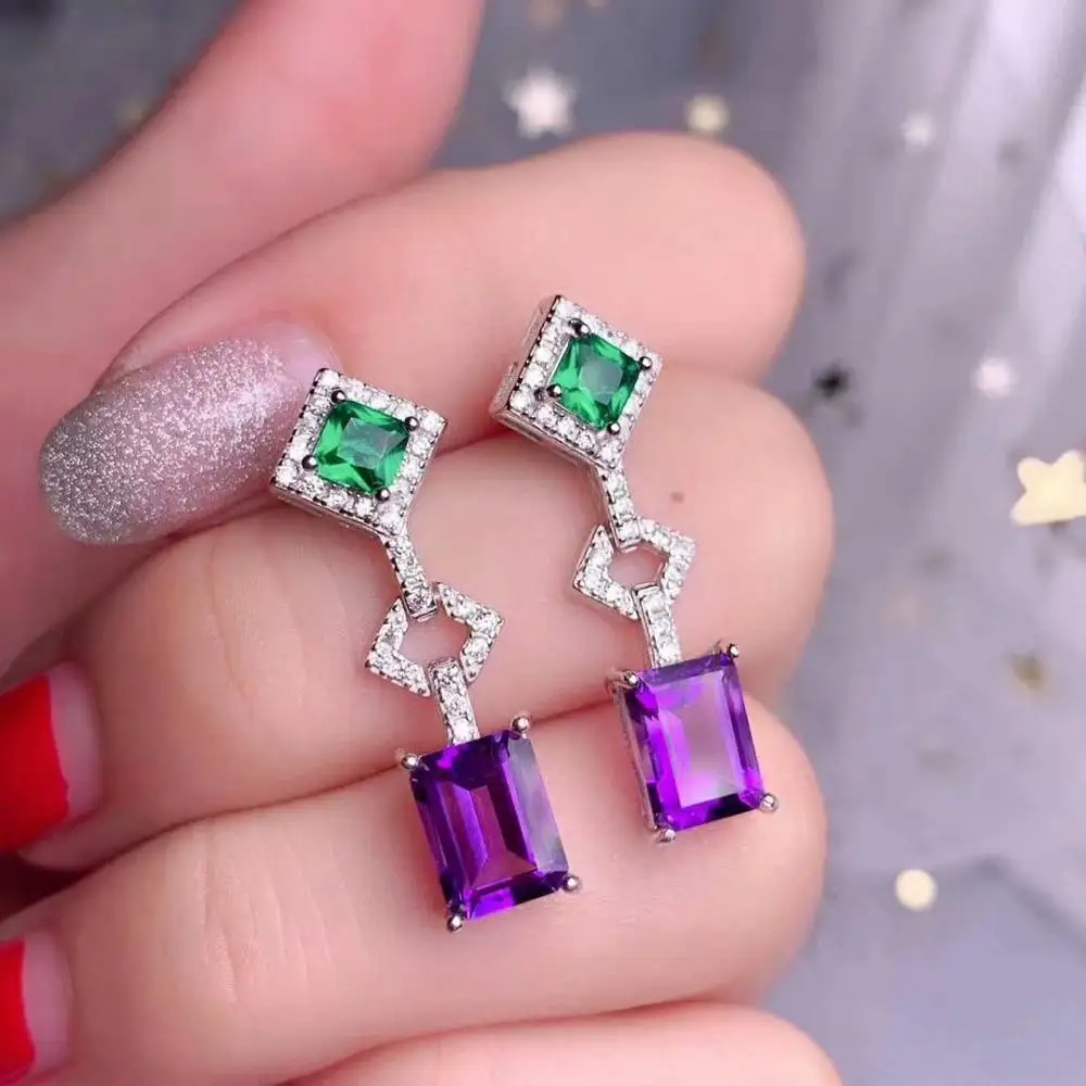 

shilovem 925 sterling silver piezoelectric amethyst Stud Earrings fine Jewelry women trendy party classic new 6*8mm de0608299agz