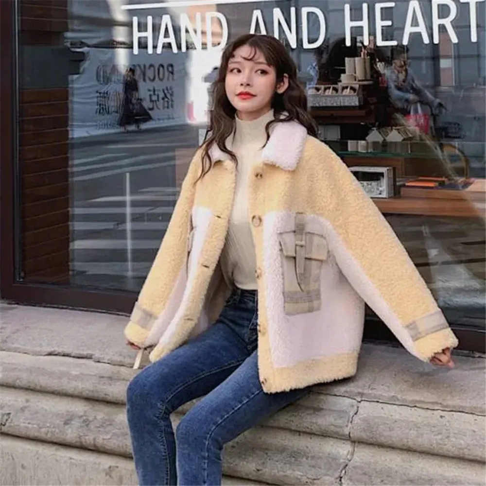 New Winter Lamb Wool Coat Women Thickened Plaid Pocket Small Fragrance Korean Style Autumn Loose Short Stitching Lamb Wool Top