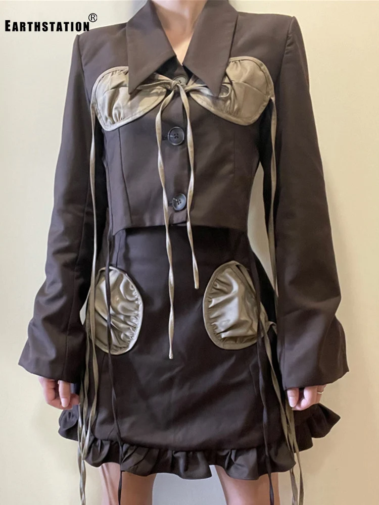 

Retro stitching tube top lace lapel short jacket two-piece suit women's autumn new style + high waist contrast color frill skirt