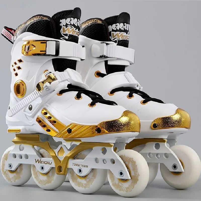 WEIQIU 4 Wheels Figure Inline Skates Slalom Sneaker with 3 wheels Transfer Base 4X80mm / 3X110mm Speed Roller Shoes White Gold | Спорт и