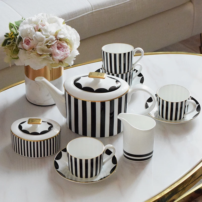 

Coffee Cup Set Bone China Simple Black White Vertial Pattern 6 People Coffeeware Teaware Sugar Bowl Creamer Mug Saucer Afternoon