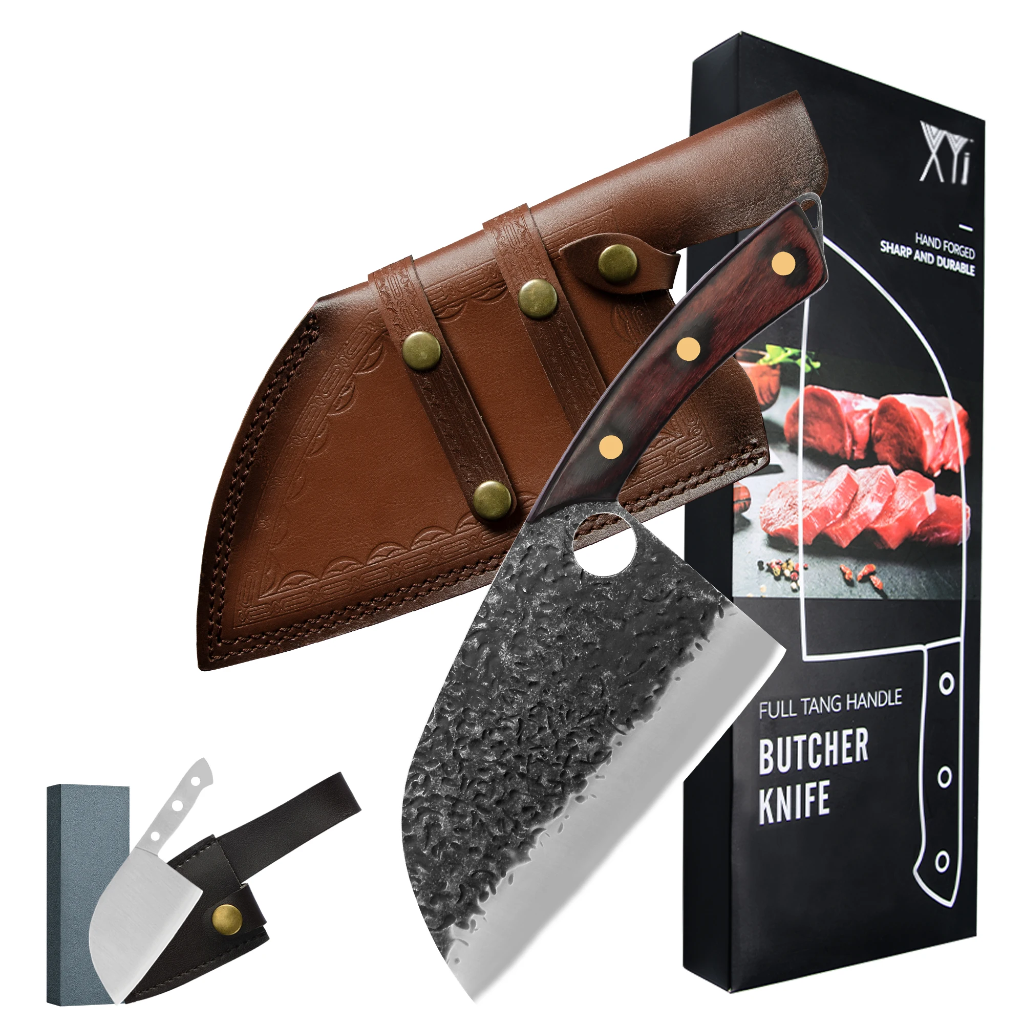 

XYJ Full Tang 7 Inch Cleaver Knives With Leather Sheath Mini Knives&Whetstone Stainless Steel Chef Knife Meat Vegetable Cutter