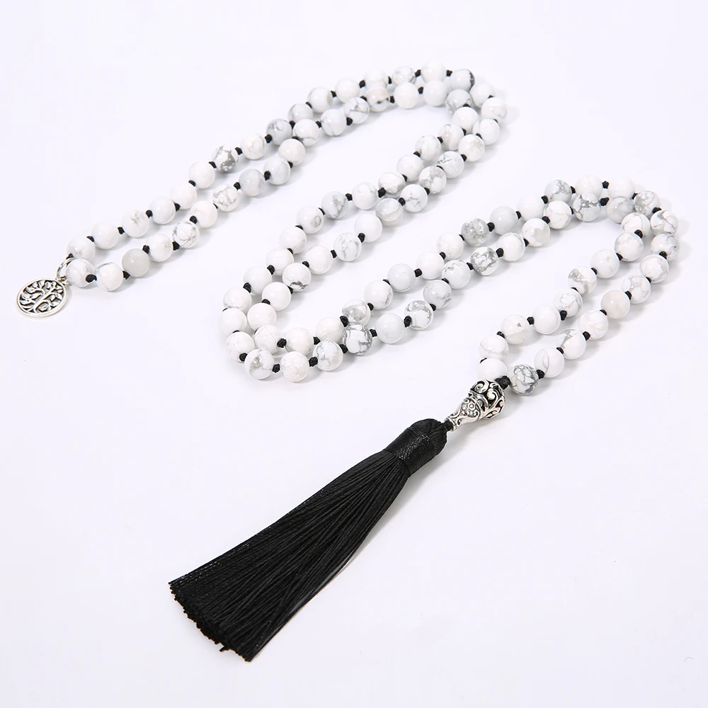 OAIITE 8 мм Howlite Mala 108 бусины ожерелье натуральный камень кисточка с узлом ручной