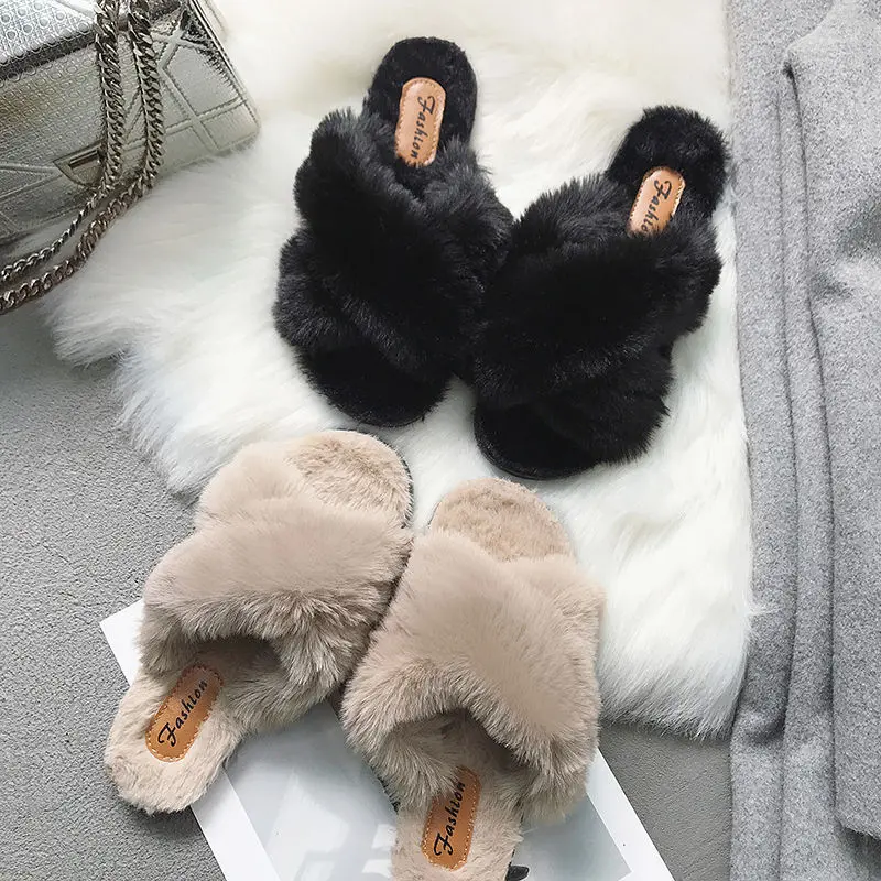 

Whoholl Brand Women Home Slippers Winter Warm Shoes Woman Slip on Flats Slides Female Faux Fur Slippers 36-41 Wholesale
