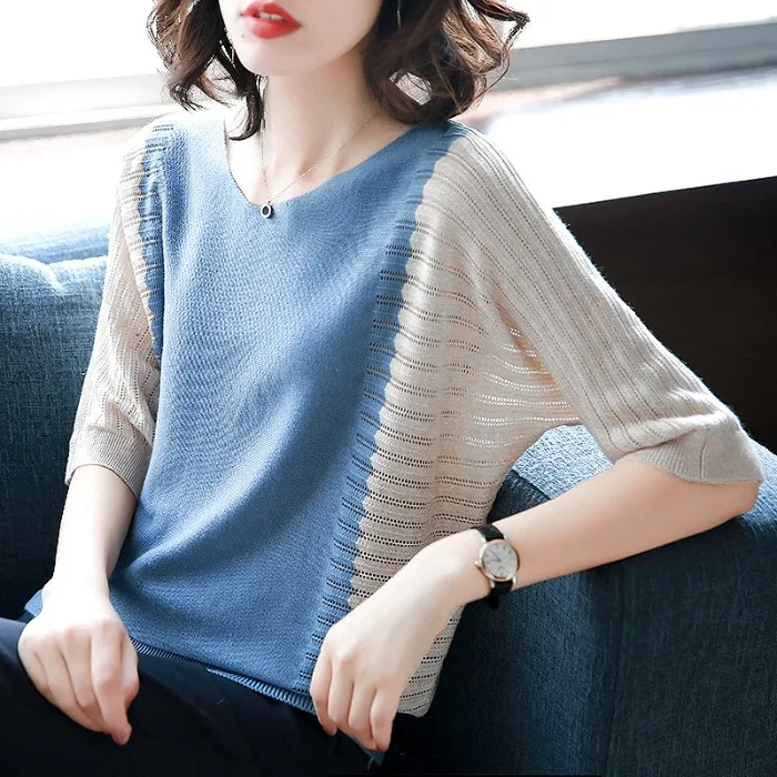 

Spring and summer women's bat sleeve knitted top elegantes de mujer 2020 COTTON Polyester Regular Solid O-Neck