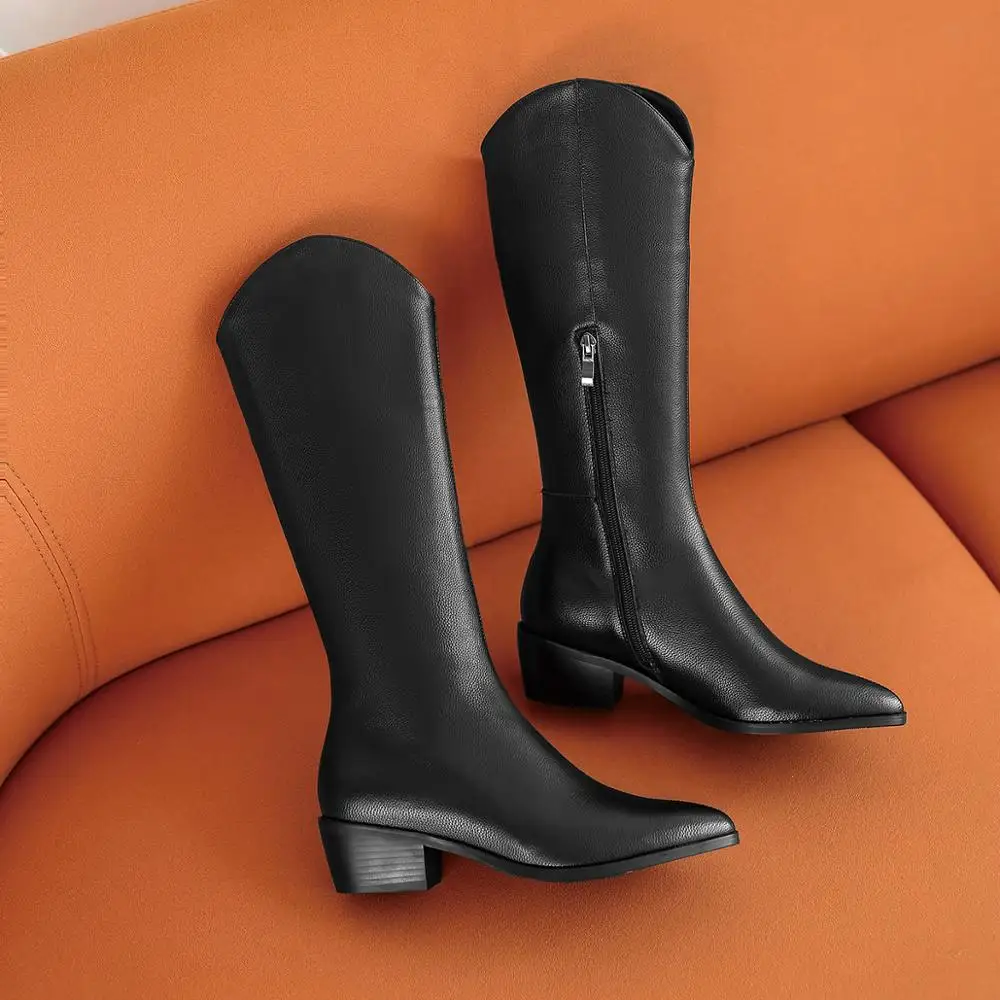 

kickway cow split leather cowboy boots for women botas cowboy mujer Pointed Toe Cowgirl wedges Motorcycle Boots zipper shoes 42