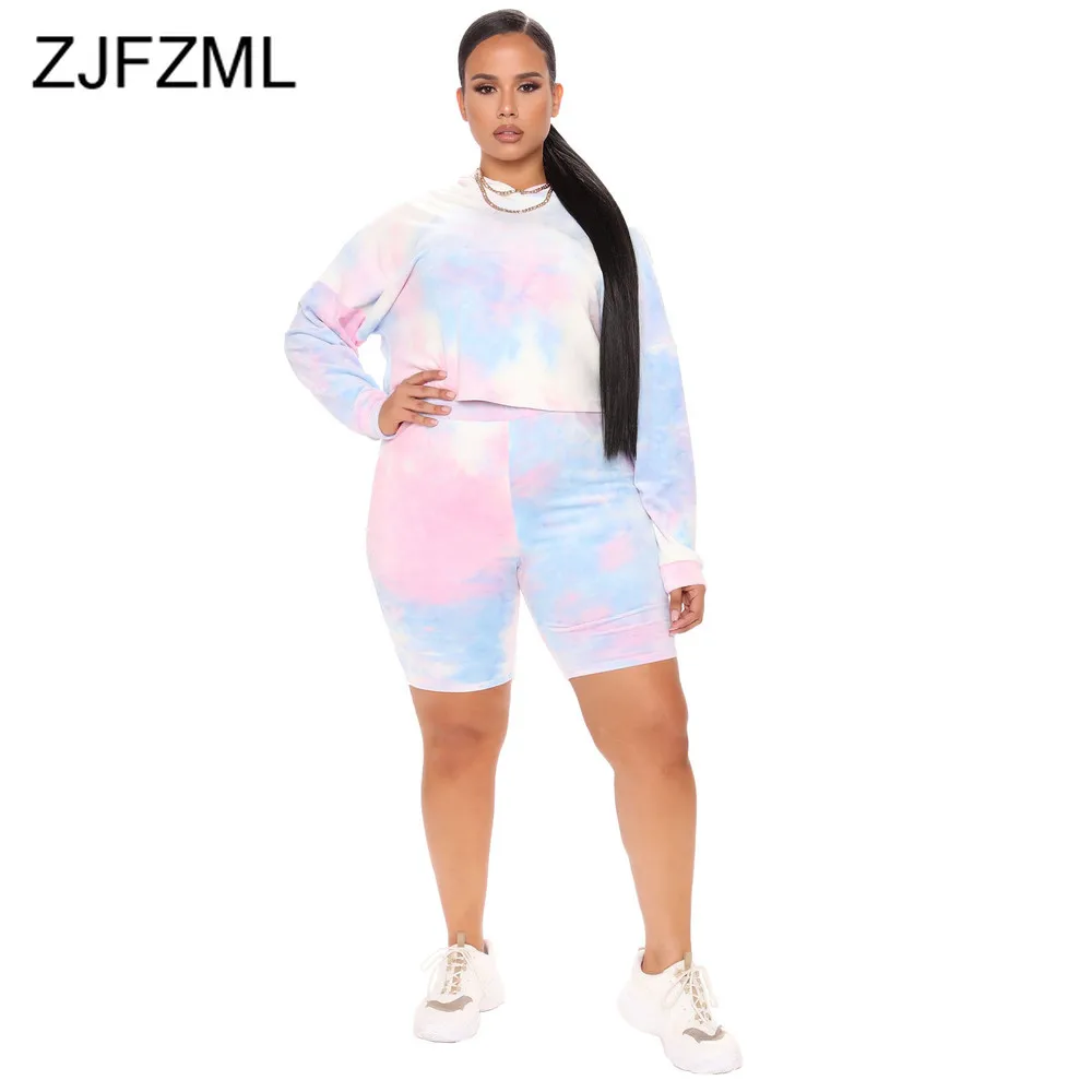 

Женский спортивный костюм из двух предметов, Свободный Топ с длинным рукавом и принтом тай-дай + облегающие велосипедные шорты