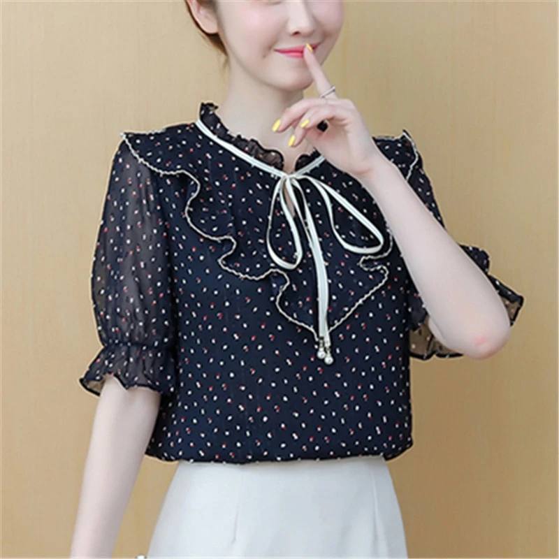 Женские блузки и топы шифоновые женские рубашки с коротким рукавом круглым