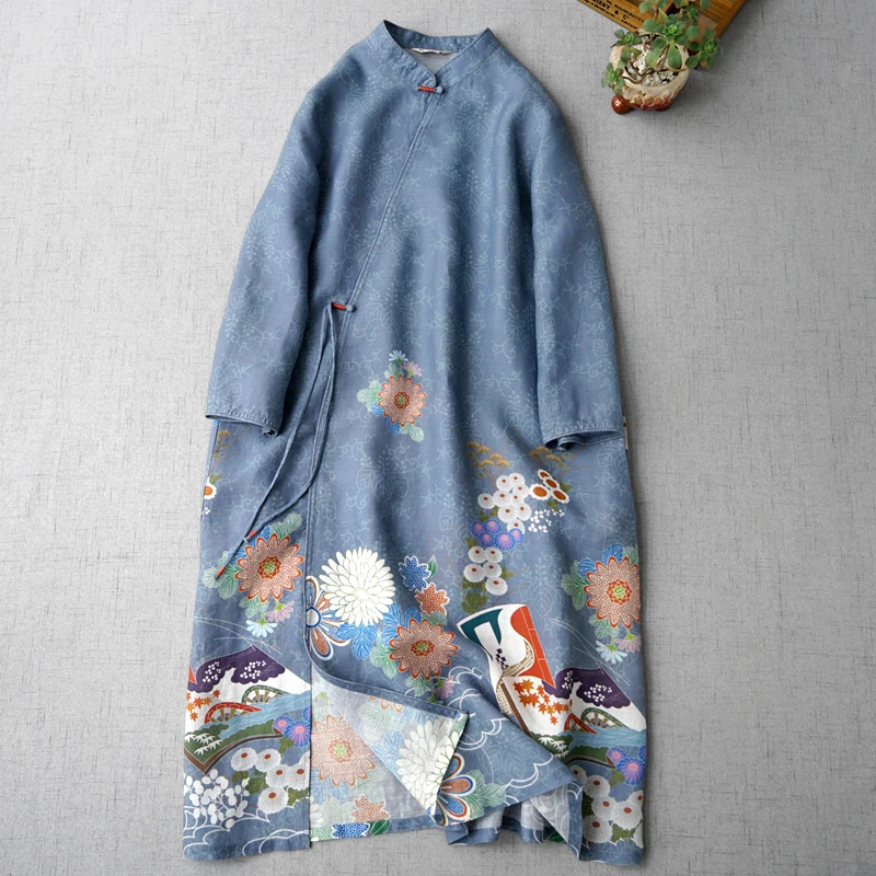 

Spring Summer Women Loose Vintage Chinese Style Buttons Slant Opening Print Comfortable Water Washed Thin Ramie Dresses