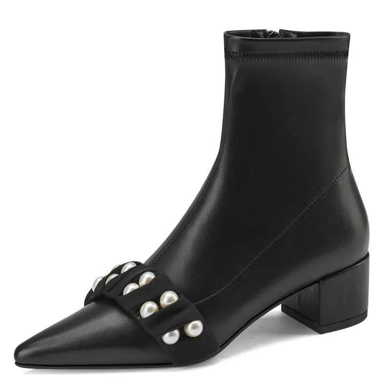 

Poined Toe Women's Office Boots Genuine Leather Thick Heels Shoes Woman Autumn Winter Working Basic Ankle Boots size 33-40