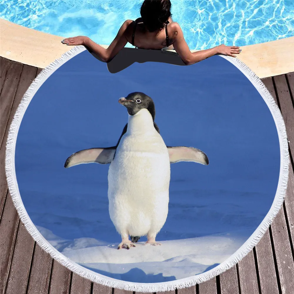 

Penguin Printed Animal Large Round Beach Towel For Adult Yoga Mat Microfiber Tassels Thick Terry 150cm Large White Beach Towels