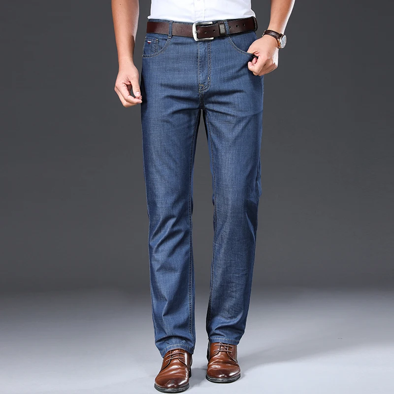 

TFETTERS 2021 Summer Pants Men Jeans New Thin Soft Breathable Mid Straight Regular Black Jeans Trousers Work Vintage Men Jeans