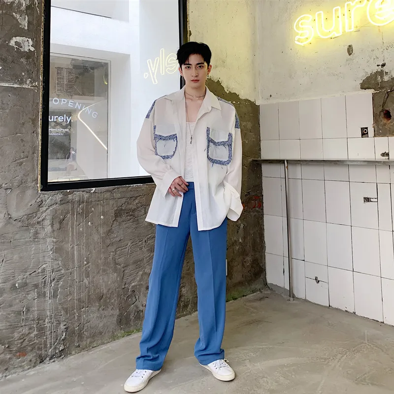 Большой карман лоскутное дизайн рубашки для мужчин с длинным рукавом Свободные