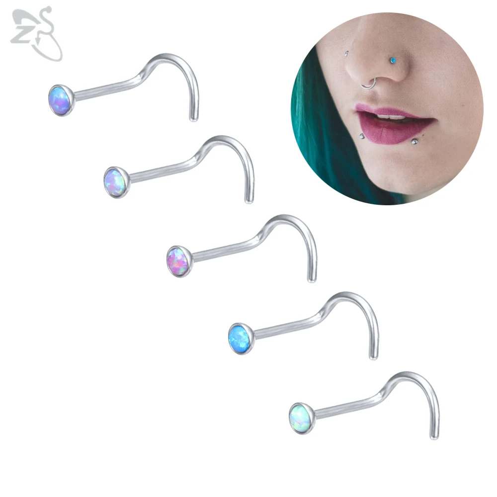 

ZS 3-5pcs/lot Stainless Steel Nose Stud Set Blue Purple Opal Nose Piercings 20g Nose Retainer Pin L Shape 2MM Nostril Piercing