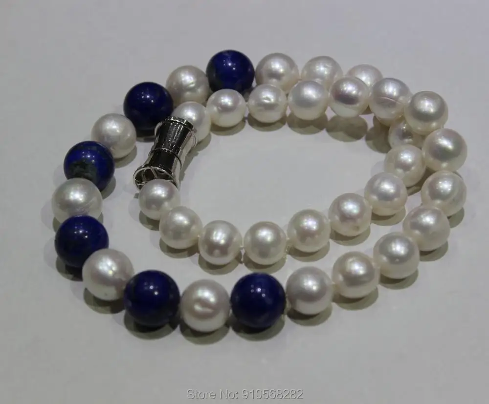 

YINANYIMEI Big White freshwater pearl necklace and lapis lazuli 12-14mm 20INCH 50cm
