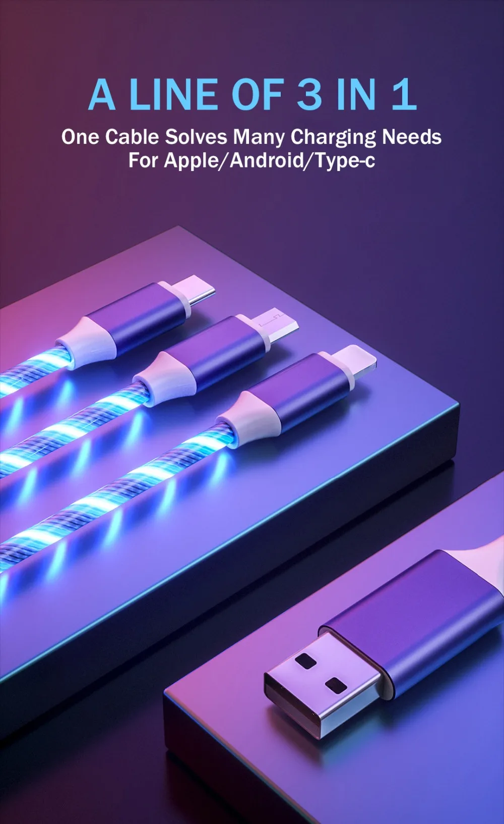 3 в 1 светящееся освещение потока кабель Быстрая зарядка Micro USB для iphone X 7 XR type C кабель зарядное устройство для samsung Android шнур для телефона