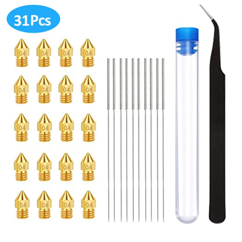 

31PCS/Set 0.4 mm Mk8 Nozzle +10 Package 0.4 mm Needle + 1pcs Tweezers Tool Kit Stainless Steel Nozzler Cleaner For MK8 Makerbot