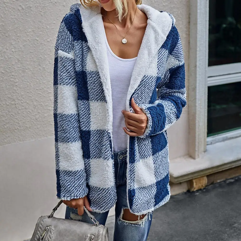 

Women Autumn Winter Long Sleeve Reversible Plaid Pockets Warm Coat Plush Jacket